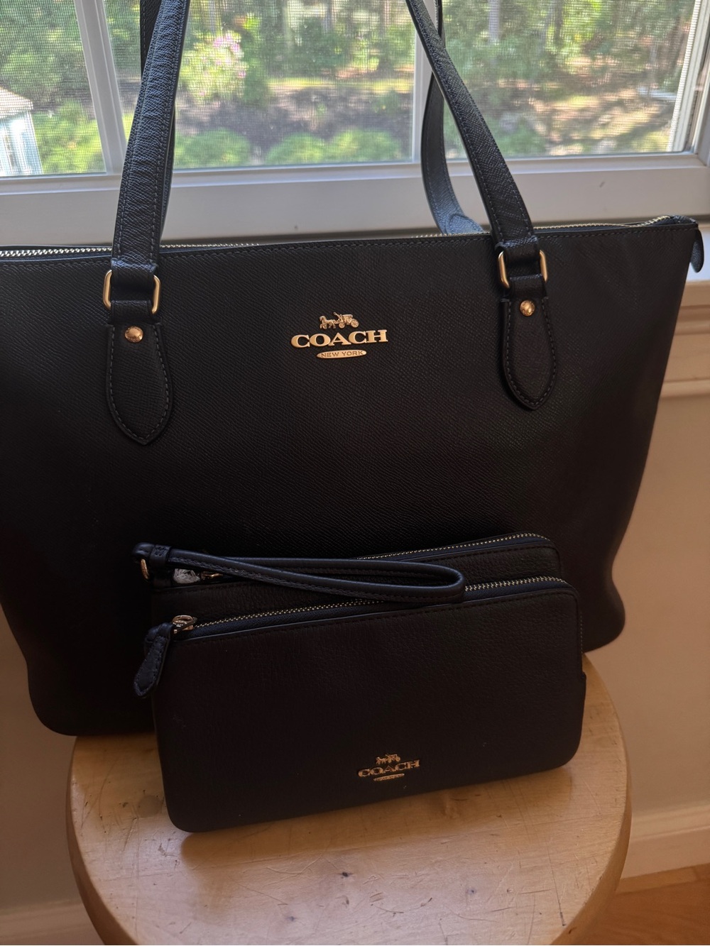 Coach Navy Leather Tote + Matching Wristlet